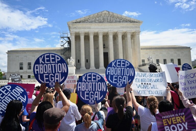 Abortion rights activists in front of the Supreme court building, credit Andrew Caballero-Reynolds:AFP via Getty Images