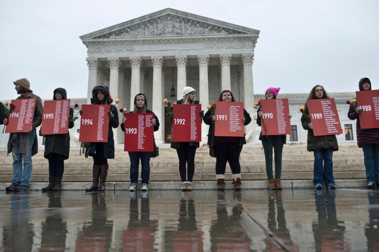 Activists hold signs with the names of people executed in the United States since 1977 during an anti-death penalty protest in front of the U.S. Supreme Court, credit Getty images