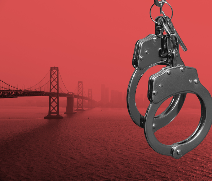 Bay Bridge in red with handcuffs overlaid