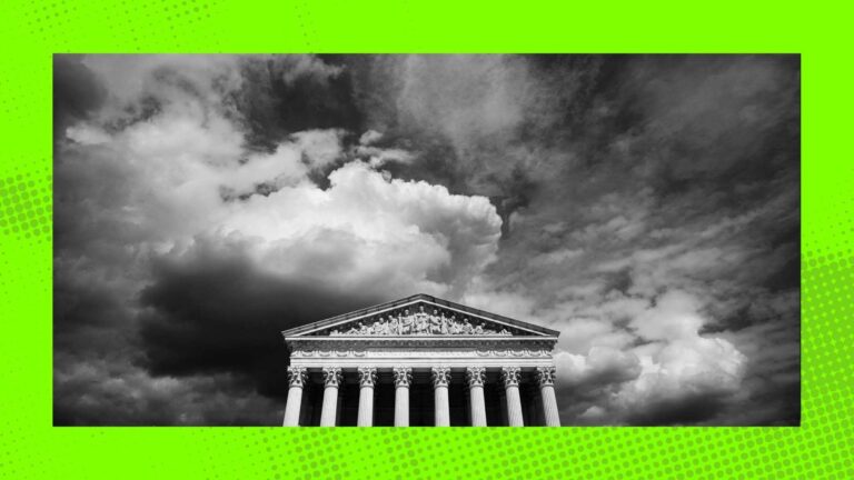 Black and white image of the Supreme Court building with dark clouds, credit Balls and Strikes