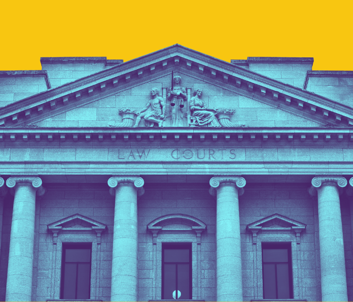 Blue court building with yellow background
