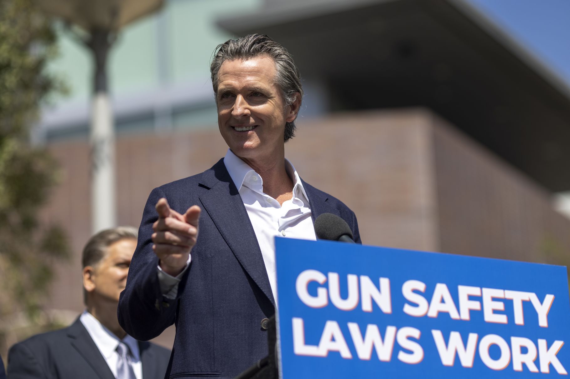 California Gov. Gavin Newsom speaks during a news conference where he signed SB 1327 into law, in Los Angeles on July 22