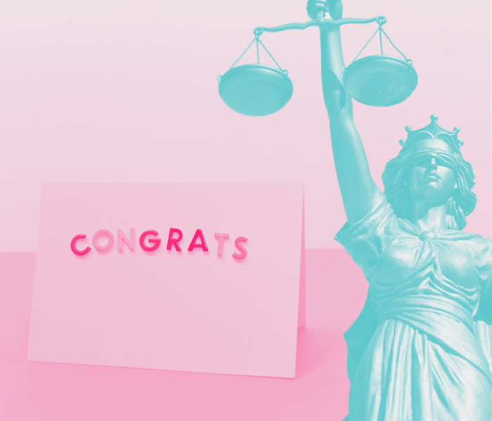 Congratulations greeting card with lady justice overlaid