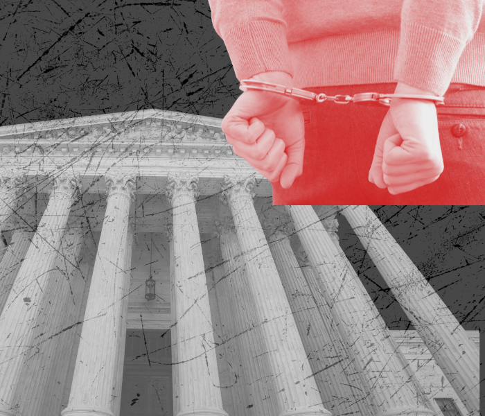 Courthouse photo overlaid with red image of a person in handcuffs
