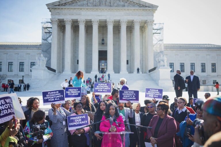 Fearless Fund CEO Arian Simone, center, speaks March 14 outside the U.S. Supreme Court, credit Tom Brenner for The Washington Post