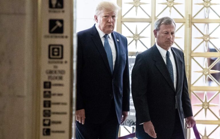 Former president Donald Trump and Chief Justice John Roberts, credit Michael Reynolds, Pool via Bloomberg