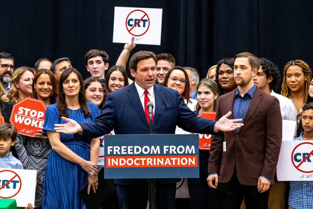 Gov. Ron DeSantis addresses a crowd before publicly signing H.B. 7, also called the Stop Woke law, Daniel A. Varela:Miami Herald, Associated Press