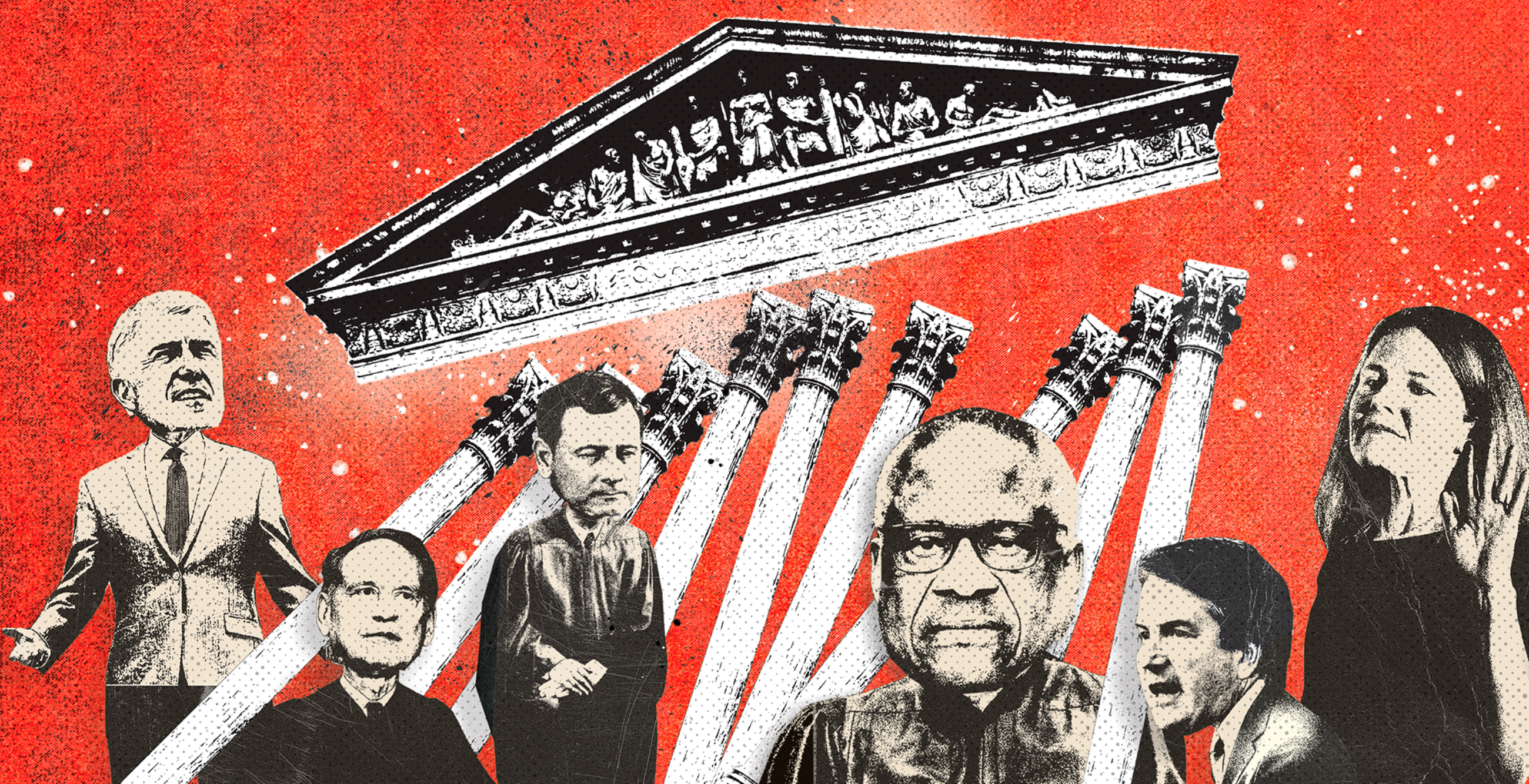 ILLUSTRATION of SCOTUS Justices BY QUINTON MCMILLAN. SUPREME COURT: SHUTTERSTOCK. JUSTICES: GETTY IMAGES