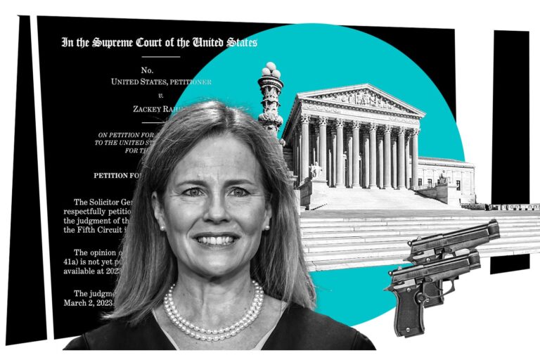 Illustrated photo of Justice Barrett in front of the Supreme Court building, credit Alex Wong, Getty Images, supremecourt website and Getty Images Plus