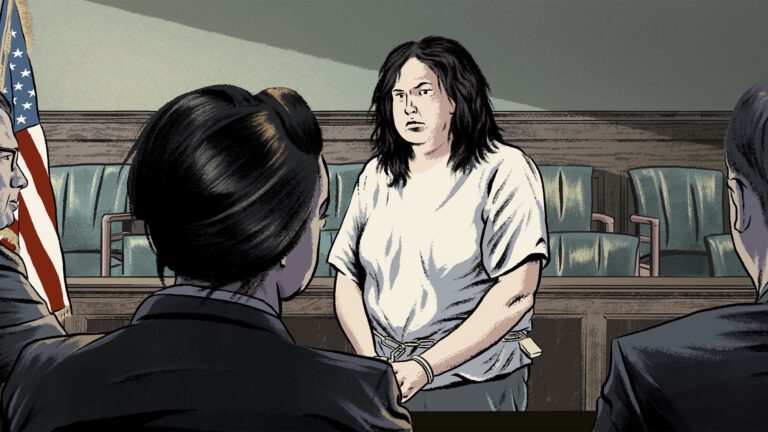 Illustration of Grace Pinson standing in a courtroom, credit Joseph Gough for The Marshall Project