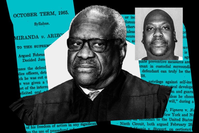 Illustration of Justice Thomas and judicial opinions, credit Slate, Mississippi Department of Corrections, Reuters, Oliver Douliery, AFP, Getty Images.