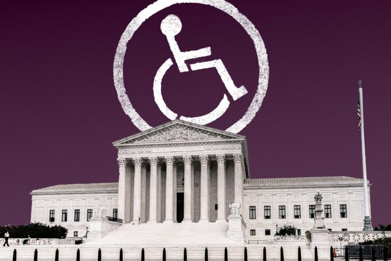 Illustration of SCOTUS and wheelchair line drawing, credit Slate, Adam Michael Szuscik, Unsplash and Getty Images Plus