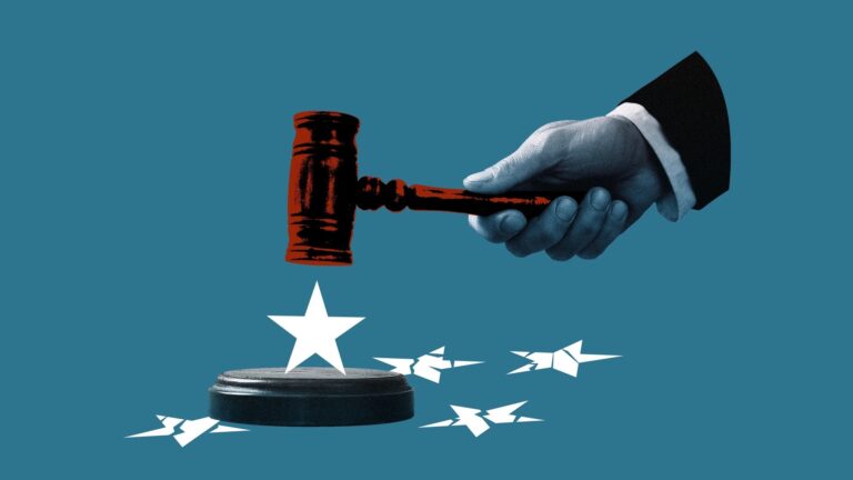 Illustration of a judge's gavel breaking stars, credit Christopher Chester, the Atlantic, Getty