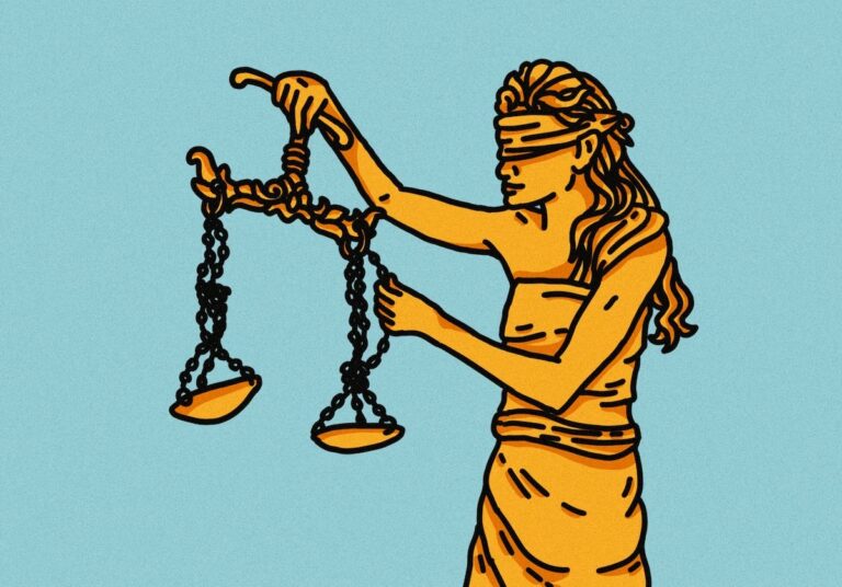 Illustration of blind lady justice, credit Emma Kumer, The Washington Post