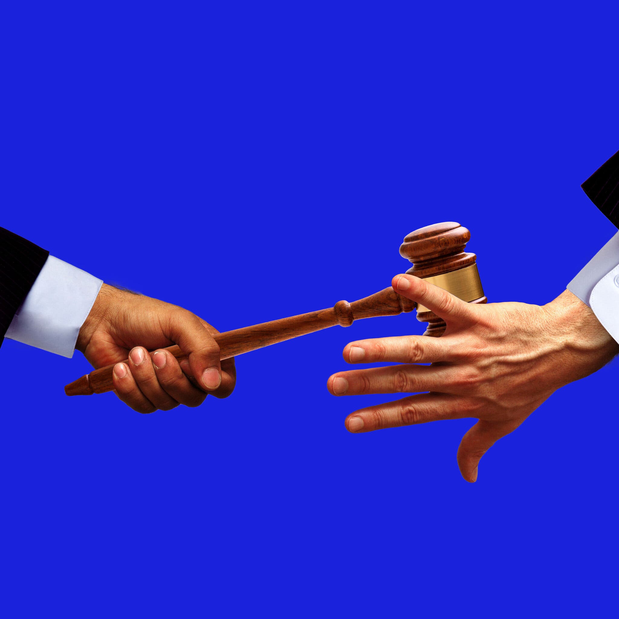 Illustration of gavel being passed between pair of hands, credit Sam Whitney, The New York Times