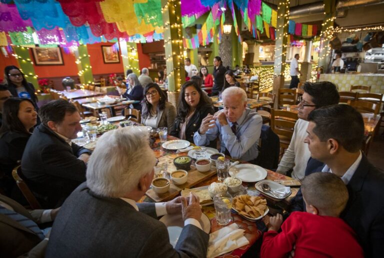 Joe Biden speaks to Los Angeles community members during a visit to Guelaguetza, a Oaxacan restaurant in Koreatown, Allen J. Schaben:Los Angeles Times