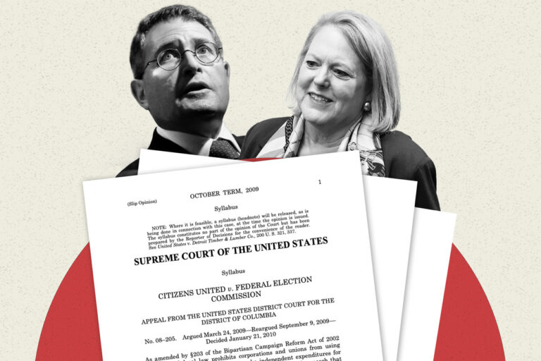 Leonard Leo and Ginni Thomas superimposed on a Supreme Court opinion document