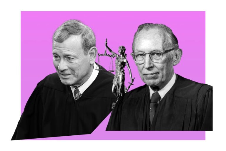 Photo collage of Justices John Roberts and Lewis Powell. Photo illustration by Slate. Photo by Library of Congress, Tingey Injury Law Firm:Unsplash, and Win McNamee:Getty Images