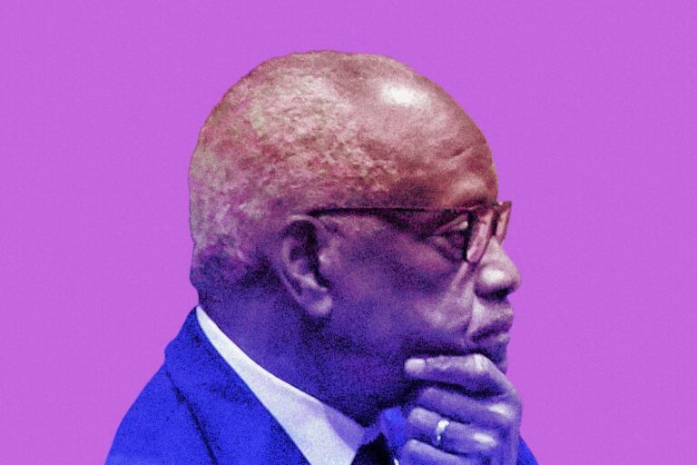 Photo illustration of Clarence Thomas in profile, credit Slate