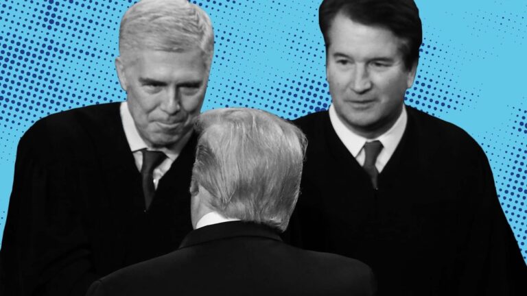 Photo of Justices Gorsuch and Kavanaugh with President Trump, credit Balls and Strikes