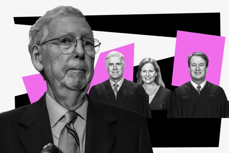 Photo of Mitch Mcconnell with Justices Barrett, Gorsuch, and Kavanaugh, Photo illustration by Slate.