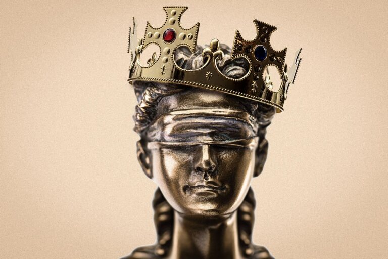 Photo of lady justice wearing a crown. Illustration by Slate, Photos by Getty Images Plus
