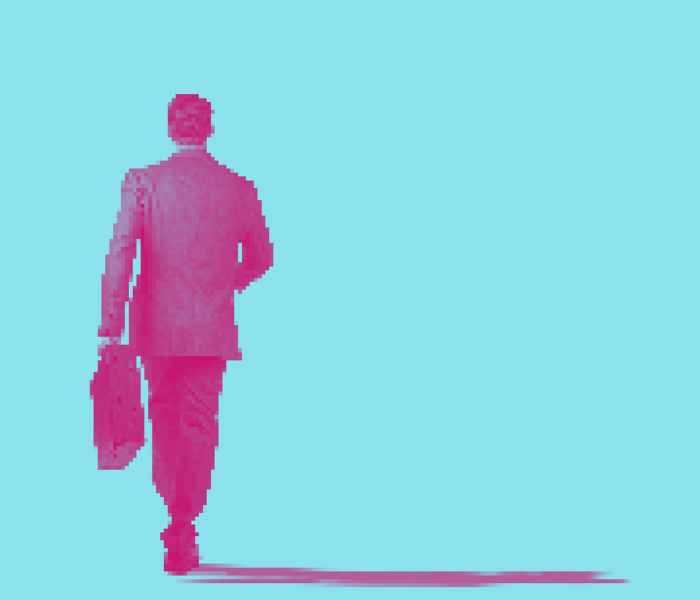 Pixelated lawyer walking away against a blue background