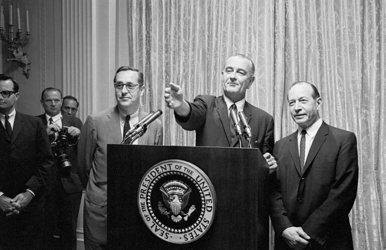 President Lyndon Johnson introduces Abe Fortas and John Chancellor at a news conference at the White House in July 1965, credit Bettmann Archive, Getty Images