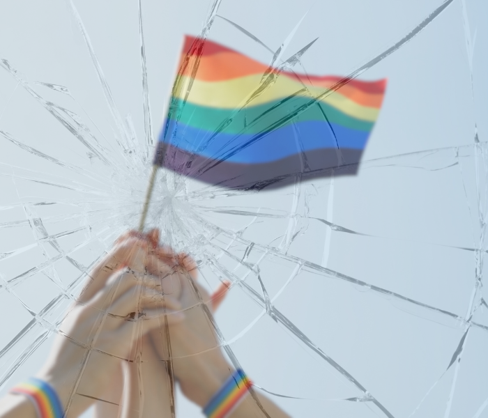 Pride flag covered in broken glass