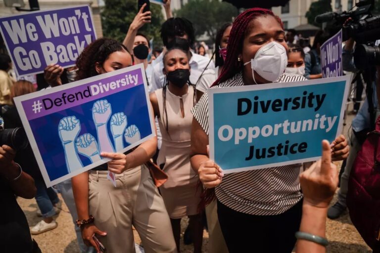 Supporters of affirmative action outside the Supreme Court on June 29, 2023, credit Kent Nishimura : Los Angeles Times