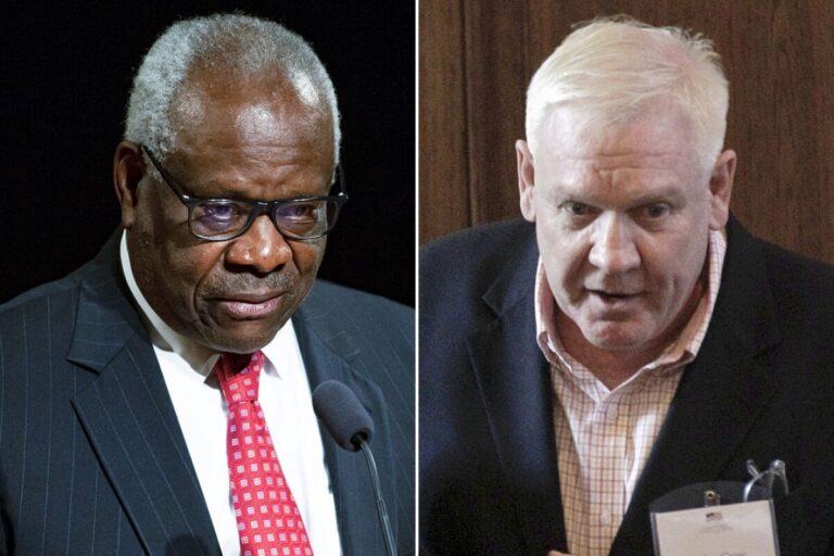 Supreme Court Justice Clarence Thomas, left, has routinely received luxury travel and other gifts from Harlan Crow, a real estate developer and Republican benefactor in Texas, credit Associated Press