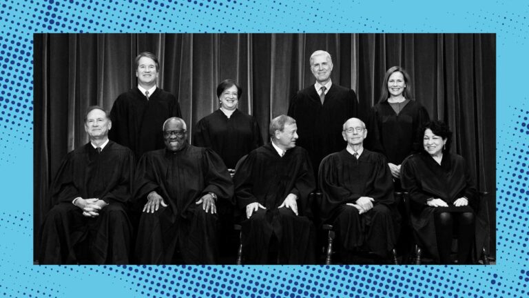 Supreme Court Justices in black robes. Credit Balls and Strikes