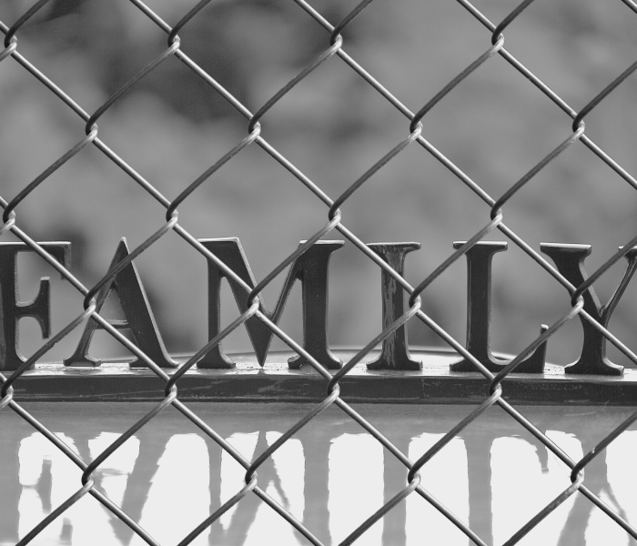 The word family behind a chainlink fence