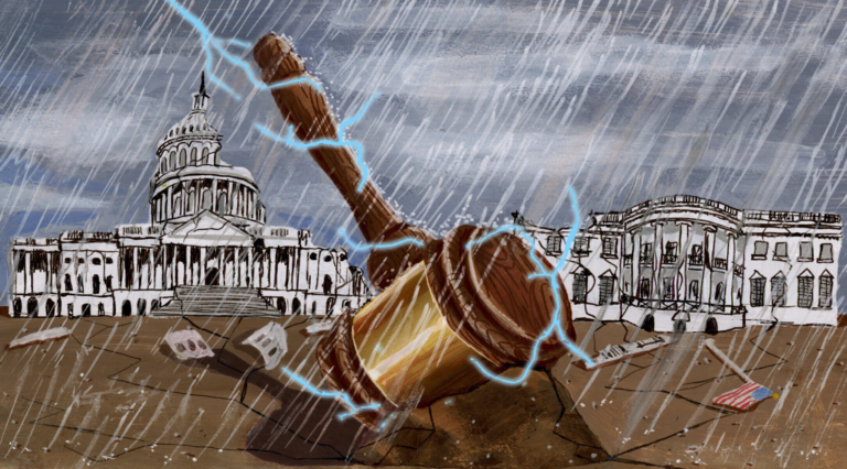 US Capitol and White House with judicial gavel, credit Illustration Brandon Celi and Bloomerang