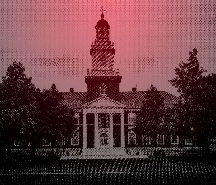 University building covered in red haze